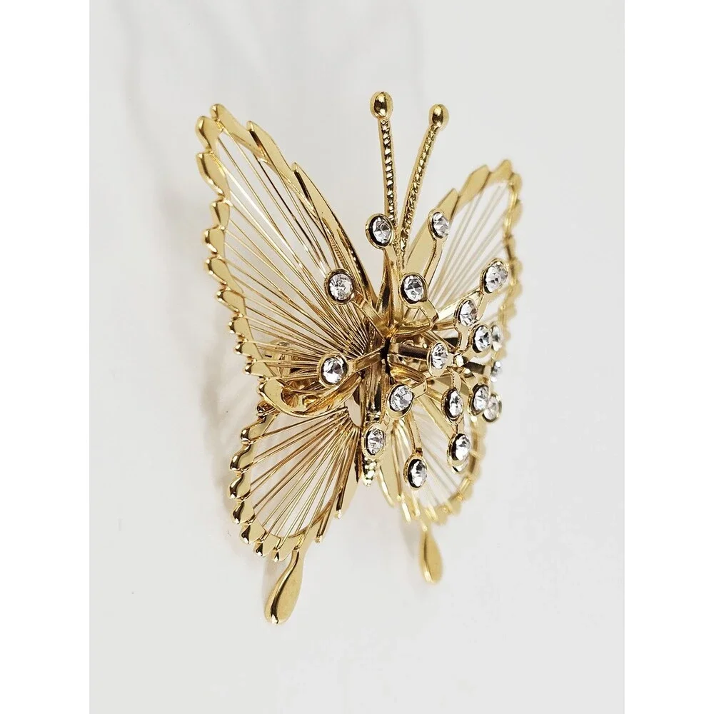 Vintage Monet Butterfly Brooch Pin Gold Tone Clear Rhinestones Open Wire